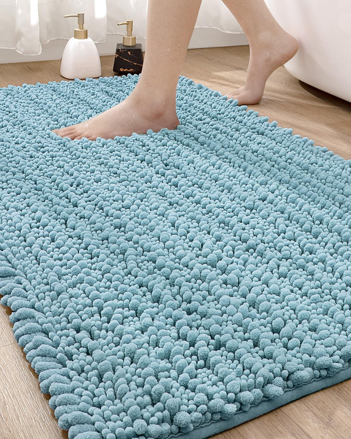 DEXI Bath Mat Bathroom Rug Large Non Slip Absorbent and Soft Floor Mats Washable Chenille Rugs for Bathtub Toilet Shower Room Entryway 24''x43''Light Blue